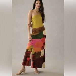 Anthropologie One-Shoulder Maxi Dress in Mustard and Multicolor Abstract